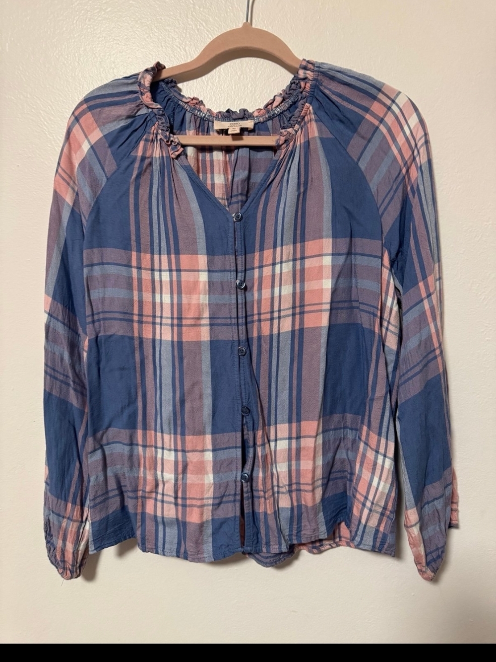 Como Vintage Blue and Pink Plaid Button-Up Blouse